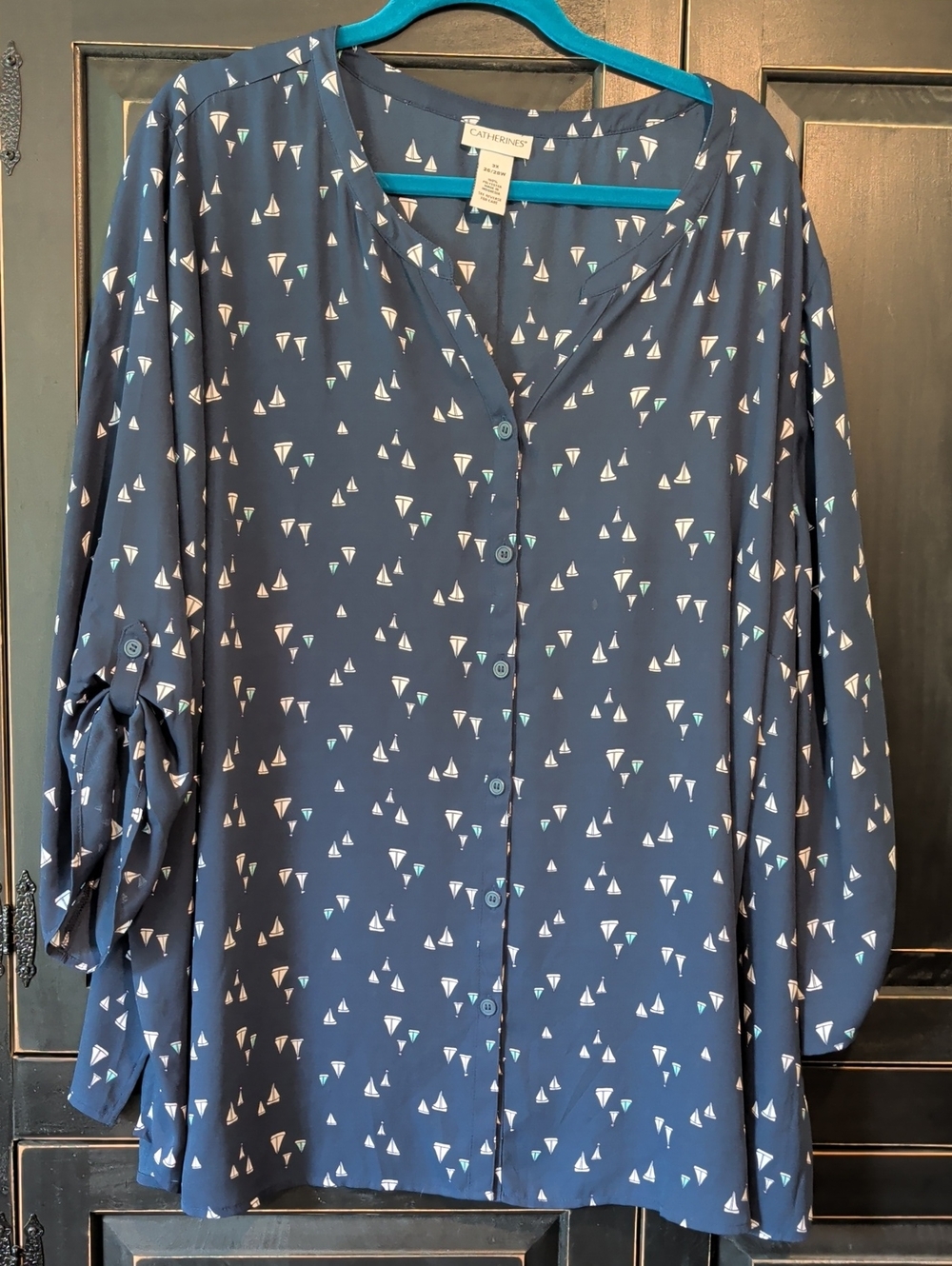 Catherines Navy Button-Front Blouse with White & Teal Sailboat Print